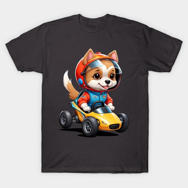 Cartoon Dog Driving a Race Car T-Shirt by Leon Star Shop